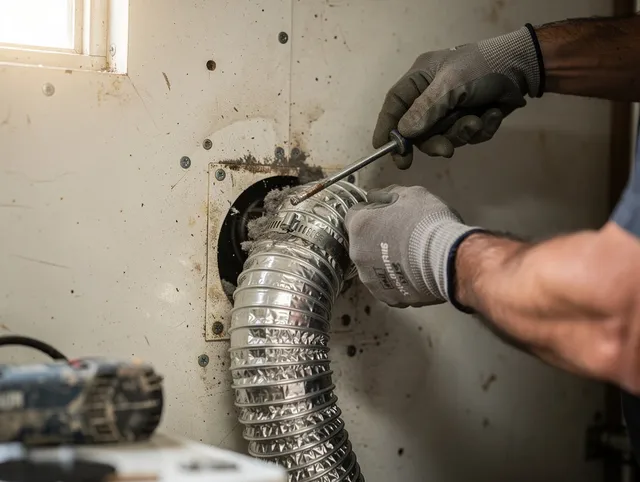 North Haven Dryer Vent Cleaning technician performing precise dryer vent hose installation in North Haven
